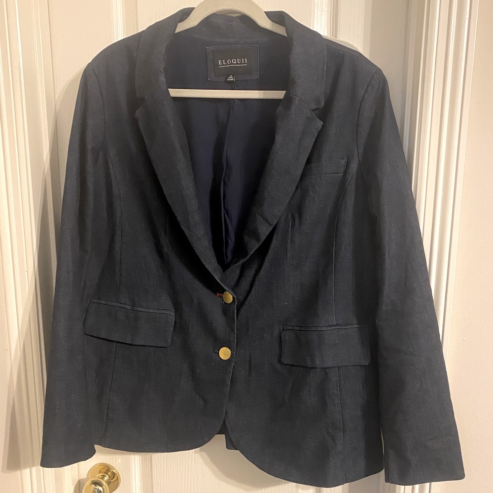 Chic dark blue stretch denim blazer, Eloquii, lined, longline, slim EUC size 18